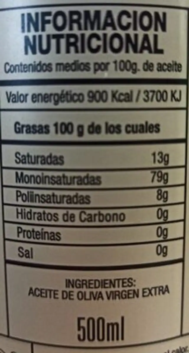 Aceite de oliva virgen extra Cornicabra nutrition facts table