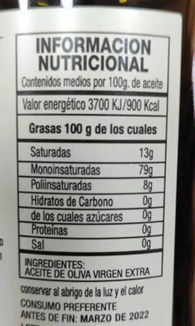 Aceite oliva virgen extra nutrition facts table