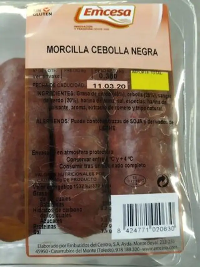 Morcilla cebolla negra nutrition facts table