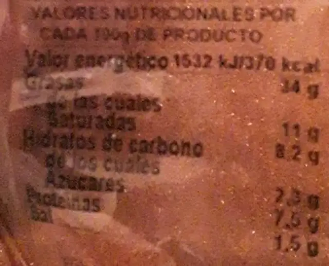 Morcilla Cebolla Negra nutrition facts table