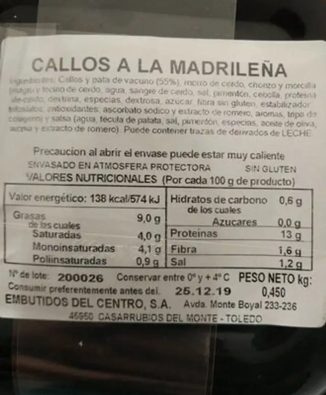 Callos a la Madrileña nutrition facts table