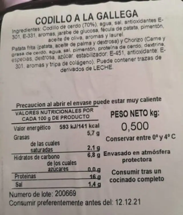 Codillo a la gallega nutrition facts table
