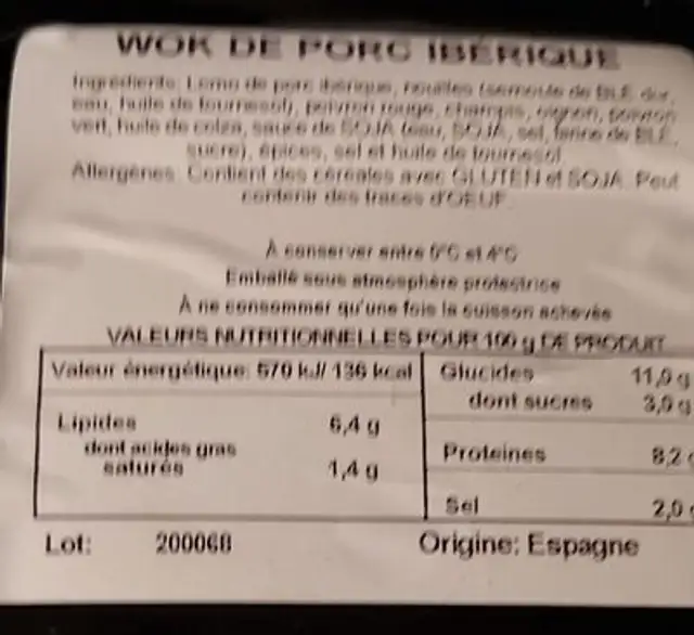 Wok de porc ibérique nutrition facts table