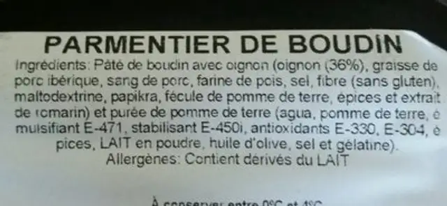 Parmentier de boudin ingredients label