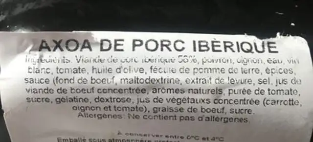 Axoa de porc iberique ingredients label