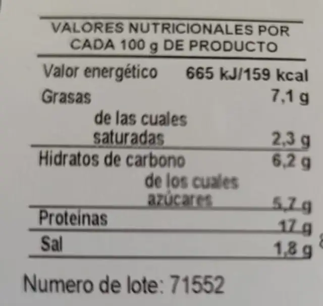 Alas De Pollo a la Brasa nutrition facts table