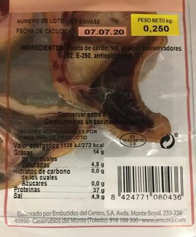 Punta de paleta nutrition facts table