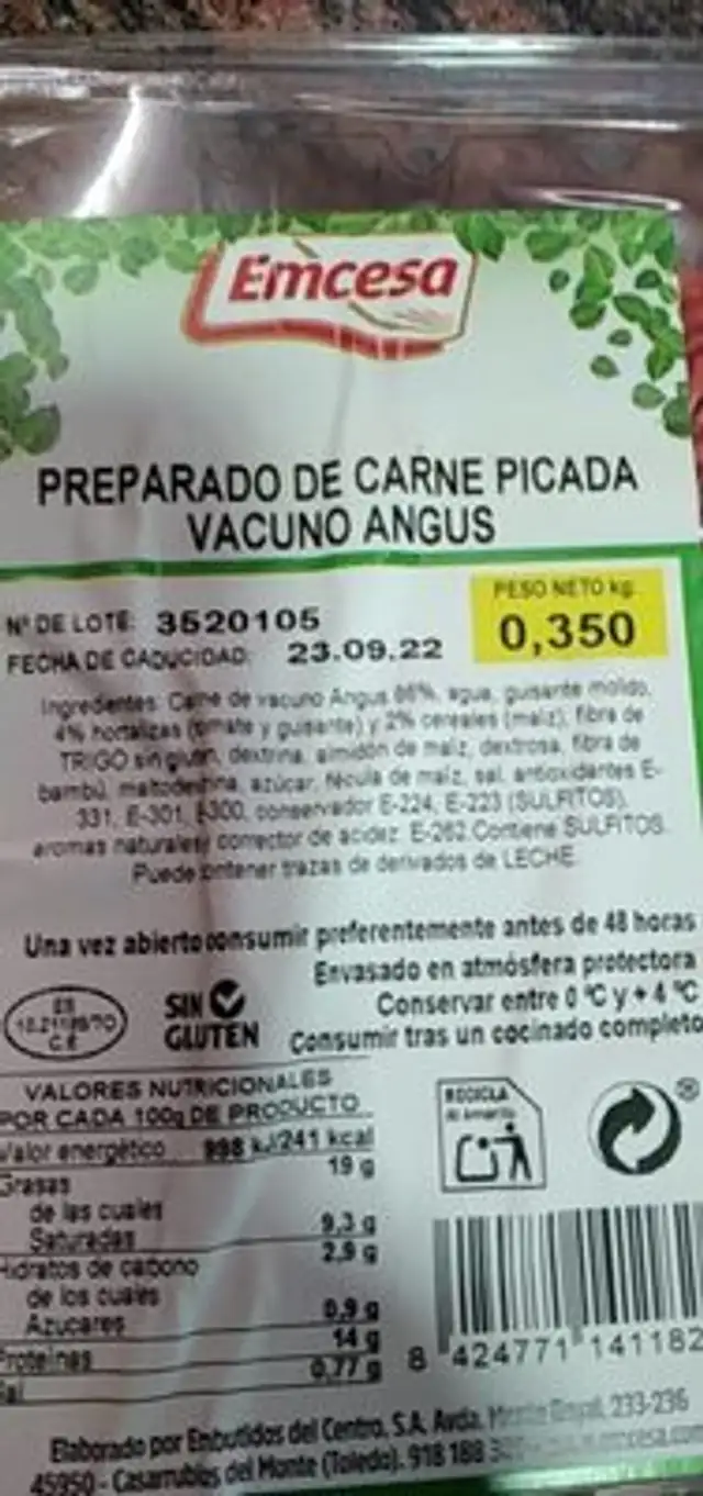 Preparado de carne picada vacuno angus nutrition facts table