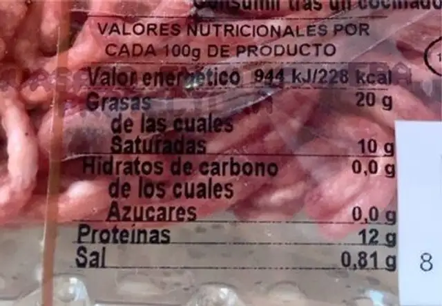 Preparado carne picada vacuno BURGER MEAT 350grs nutrition facts table