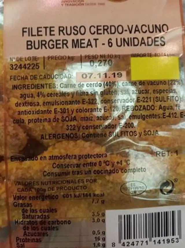 Filete ruso cerdo vacuno 6 un nutrition facts table