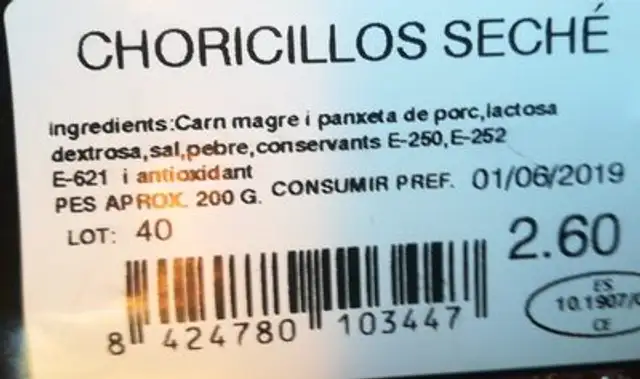 Chorizo ingredients label