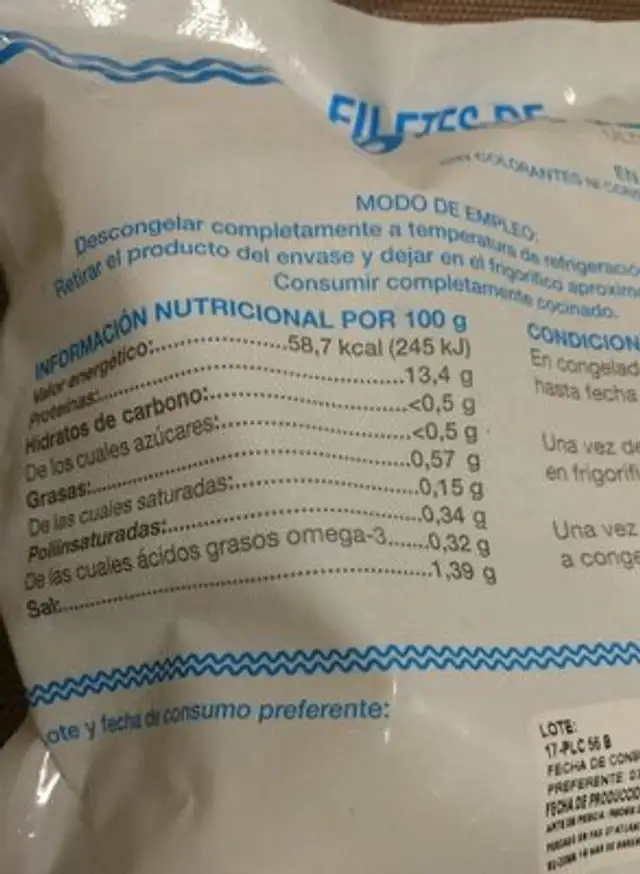 Filetes de bacalao ultracongelado nutrition facts table