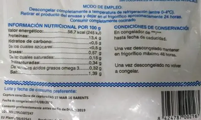 Medallones de bacalao especial para guisar nutrition facts table