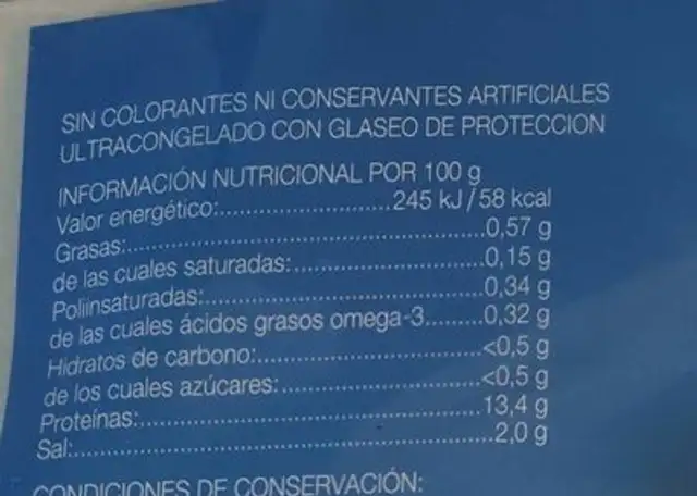 Filetes de bacalao nutrition facts table