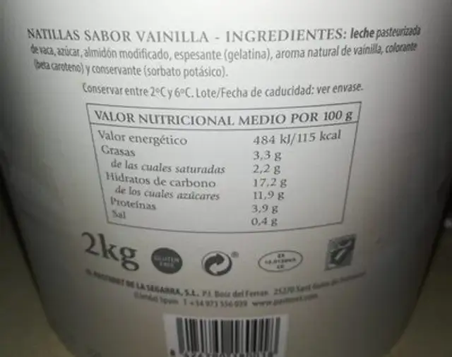 Natilles sabor vainilla nutrition facts table