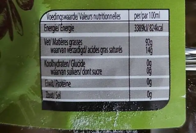 Huile de grignons d'olive nutrition facts table