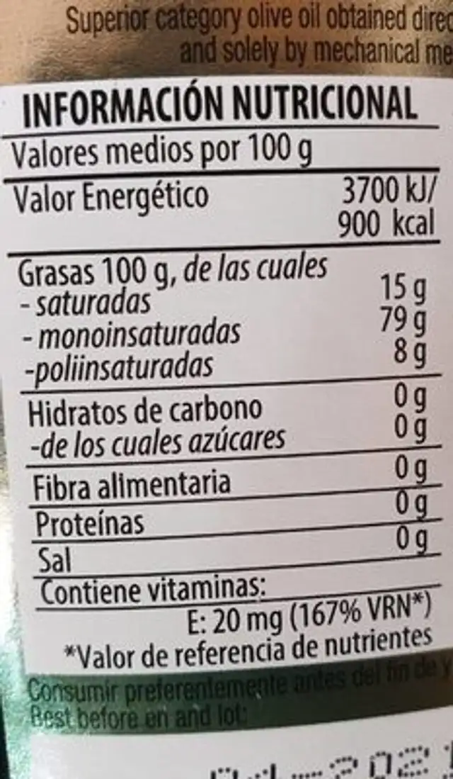 Aceites vallejo nutrition facts table