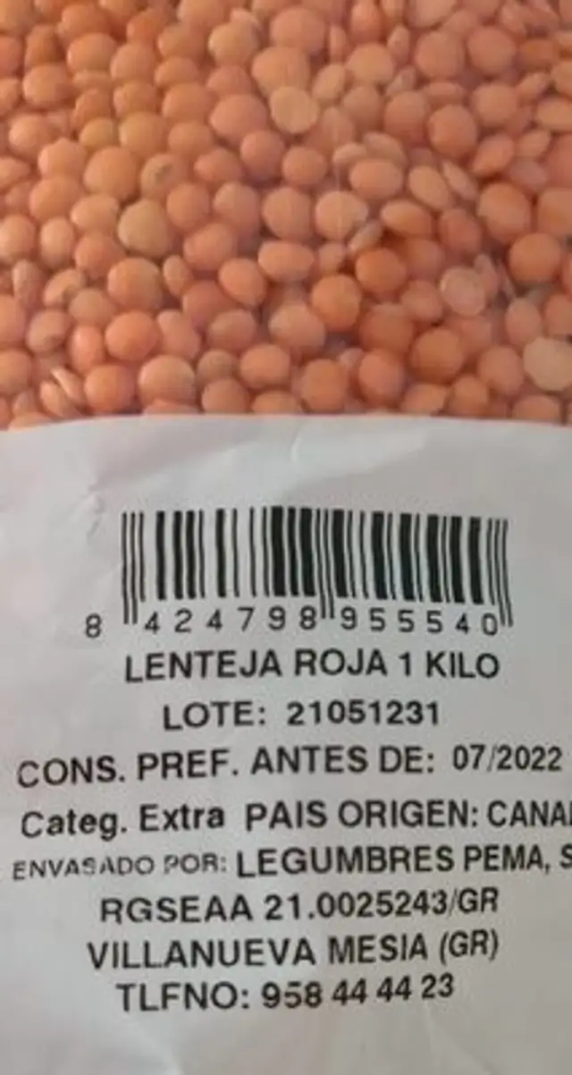 Lentejas roja nutrition facts table