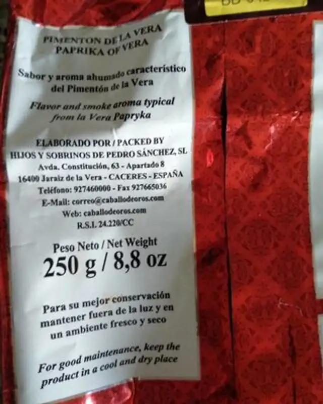 Pimenton nutrition facts table