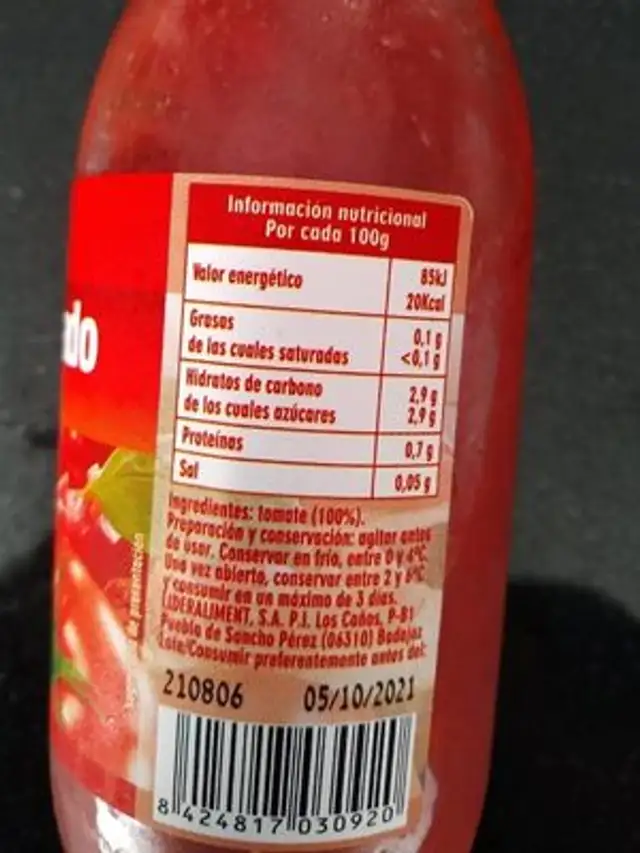 Tomate rallado nutrition facts table