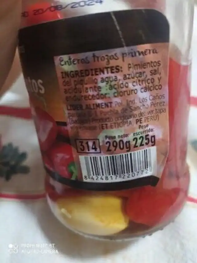 Pimientos del piquillo ingredients label