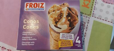 Conos de chocolate y sabor a vainilla front packaging