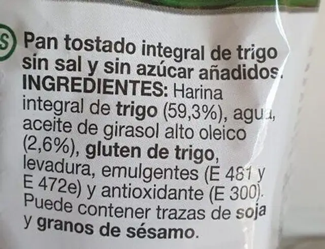 Pan tostado integral sin sal y sin azucar ingredients label