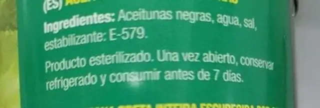 Aceitunas Negras ingredients label