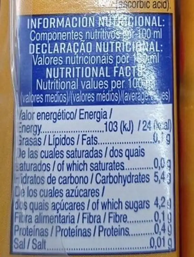 Zumo de naranja nutrition facts table