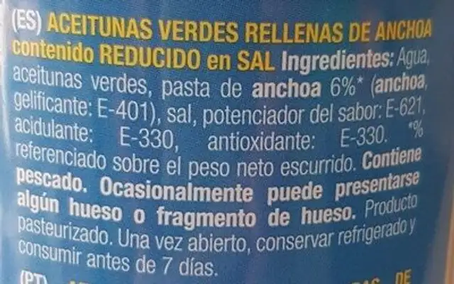 Aceitunas verdes rellenas de anchoa ingredients label