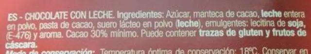 Chocolate con leche ingredients label