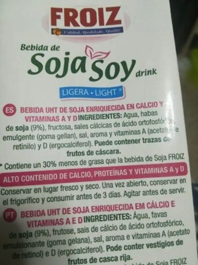 Bebida de soja Soy drink ingredients label