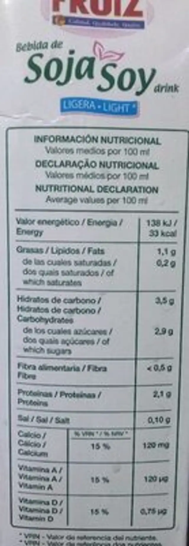 Bebida de soja Soy drink nutrition facts table