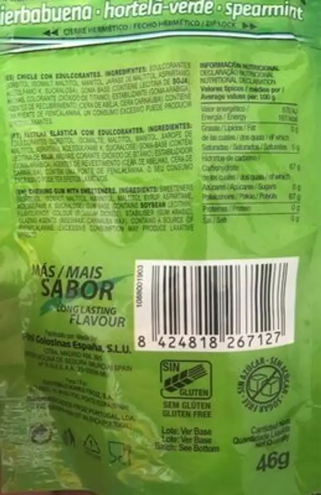 Chicles sabor a hierbabuena nutrition facts table