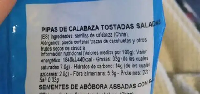 Pipas calabaza nutrition facts table
