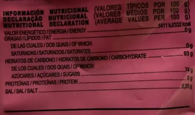 Golosinas nutrition facts table