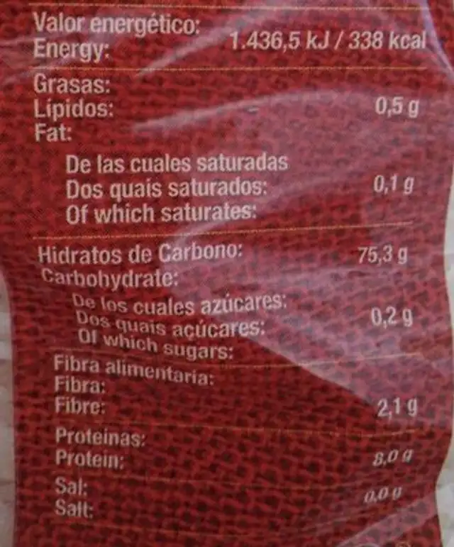 Arroz largo nutrition facts table