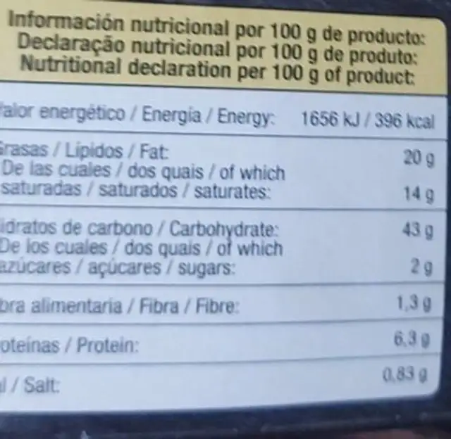 Masa hojaldre con mantequilla nutrition facts table