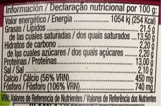 Queso curado crema nutrition facts table