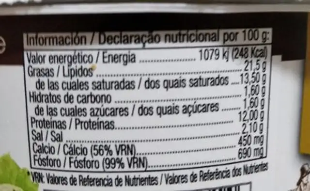 Crema de queso nutrition facts table