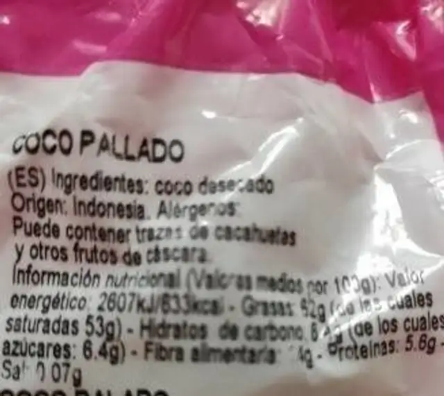 Coco rallado nutrition facts table