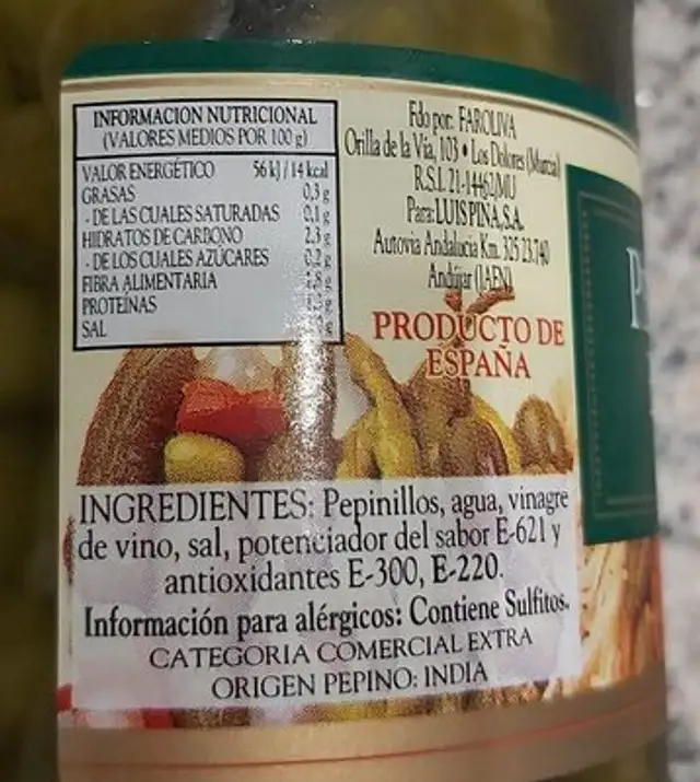 Pepinillos en vinagre nutrition facts table