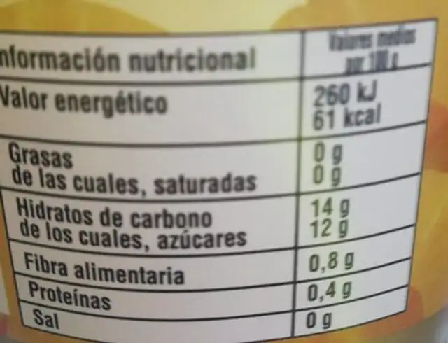 Piña en su jugo nutrition facts table