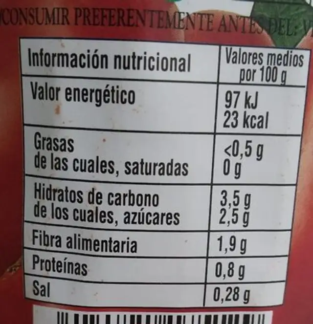 Tomate troceado nutrition facts table