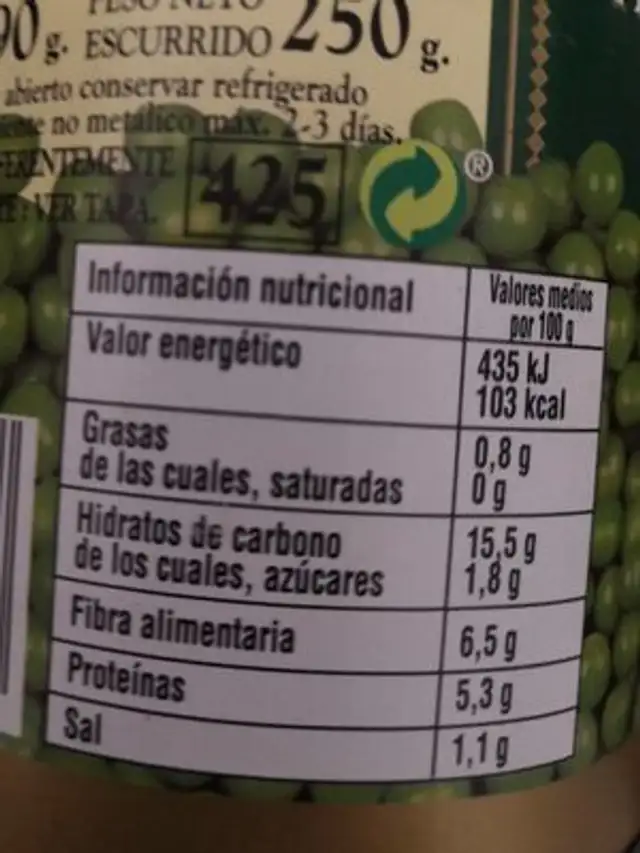 Guisantes nutrition facts table