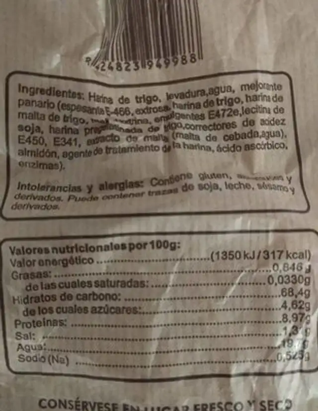 Pan Barra Casera sin sal nutrition facts table