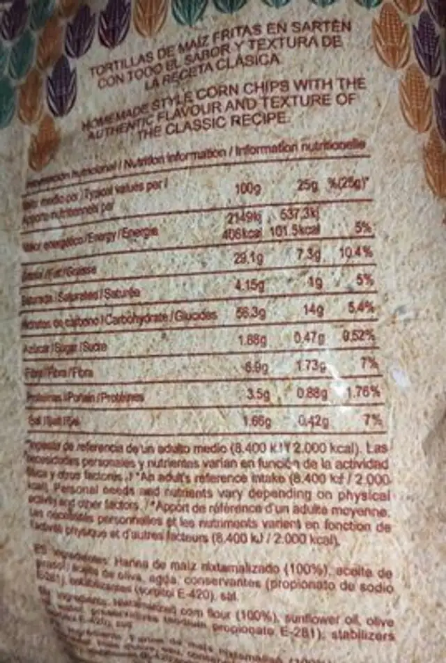 Totopos de maíz Cascabel nutrition facts table