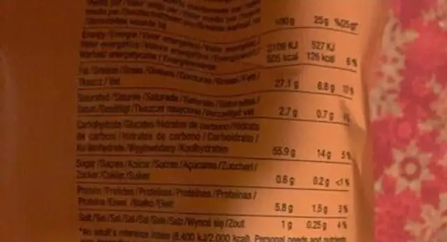 Chipsy Jambon Rubio 125g nutrition facts table