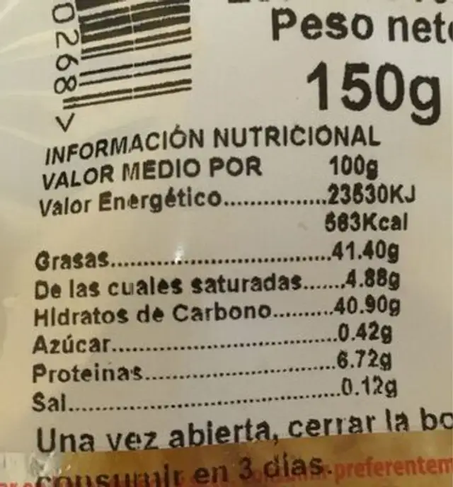 Patatas fritas SIN SAL AÑADIDA nutrition facts table