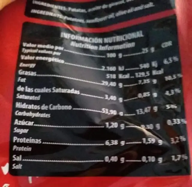 Patatas fritas nutrition facts table
